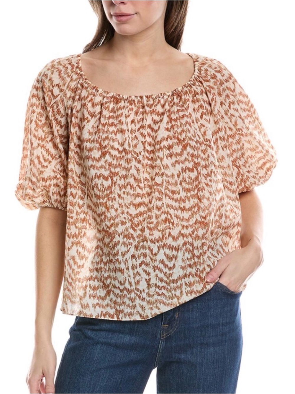Theory Cream and Rust Printed Scoop Neck Blouse